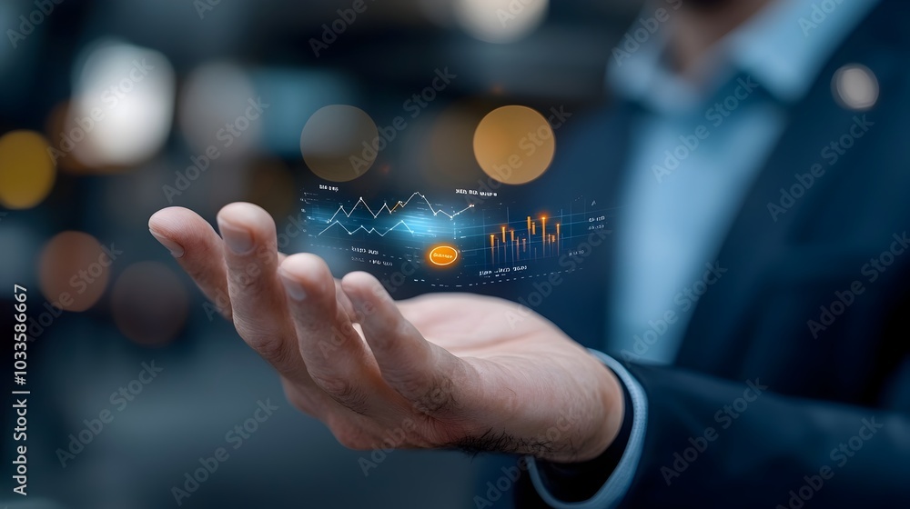 Businessman holding a fluctuating interest rate graph in a futuristic cityscape visualizing economic and financial data for analysis strategy and decision making Businessman holding a fluctuating interest rate graph in a futuristic cityscape visualizing economic and financial data for analysis strategy and decision making