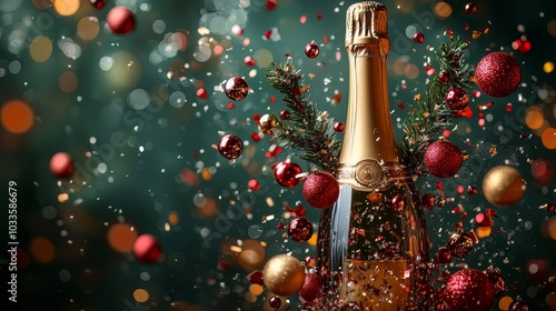 open gold champagne bottle with colorful confetti and Christmas baubles and Christmas tree branches bursting out of the bottle flying around, dark green background