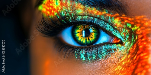 Close-up of a woman's eye with colorful makeup.