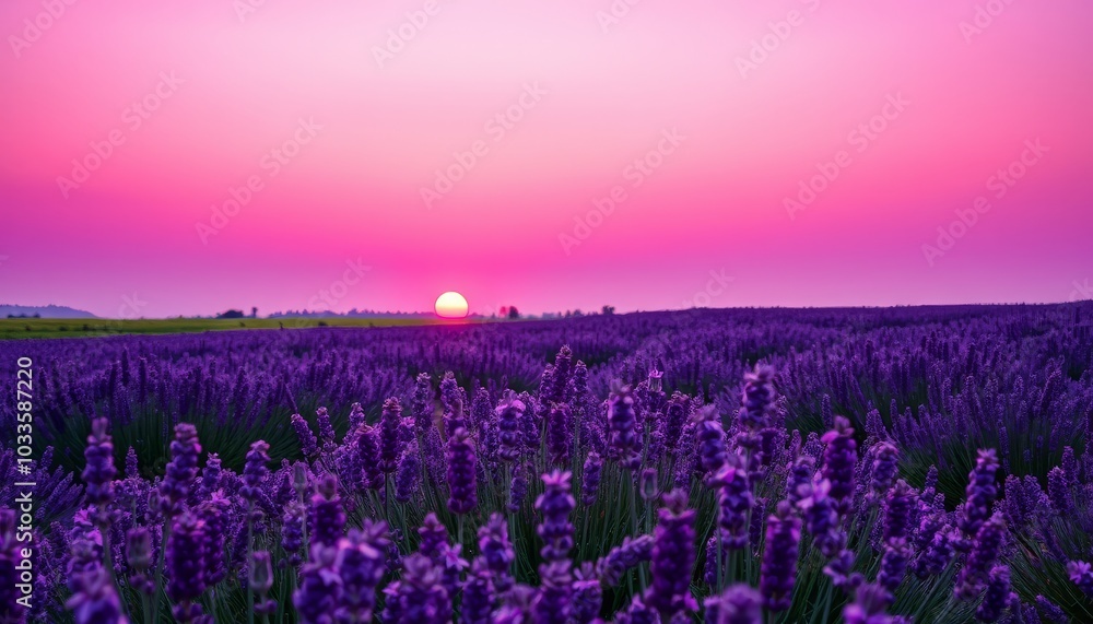 Fototapeta premium Serene Lavender Field at Sunset with Purple Sky