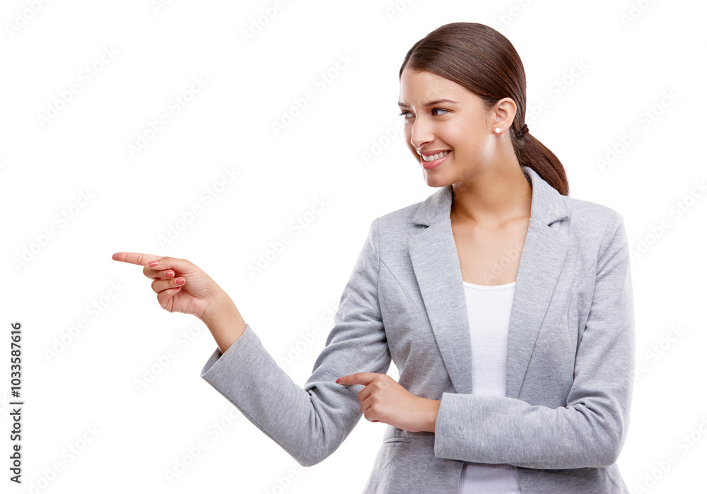 Happy, pointing and businesswoman in studio with mockup space for marketing, promotion or advertising. Smile, presentation and financial advisor with investment decision or option by white background Happy, pointing and businesswoman in studio with mockup space for marketing, promotion or advertising. Smile, presentation and financial advisor with investment decision or option by white background