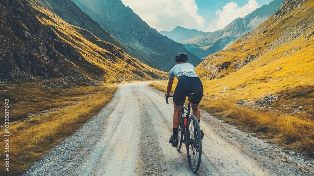 Fototapeta premium On the Transfagarasan Road, a male cyclist is riding a gravel bike. A rider is working on his riding technique.Motivation in sports.Bicycle adventure travel.backdrop of mountains.Cycling.