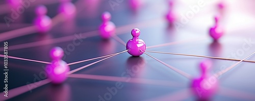 Colorful network connections with pink game pieces representing collaboration and strategy.