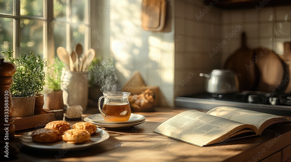 Serene Kitchen Scene with Brewing Tea and Fresh Treats Serene Kitchen Scene with Brewing Tea and Fresh Treats