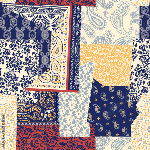 Paisley arabesque damask motifs patchwork wallpaper abstract vector seamless pattern for fabric pillow cloth shirt carpet tablecloth rug 
