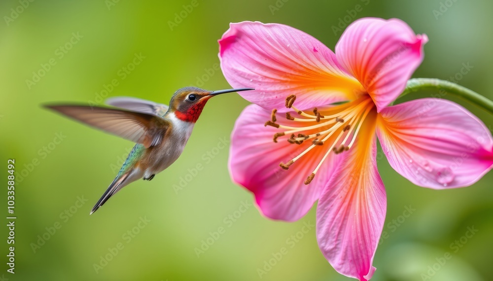 Naklejka premium Vibrant Hummingbird Near Colorful Flower