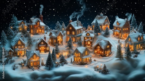 A charming, miniature Christmas village scene with snow-covered houses, twinkling lights, and festive decorations