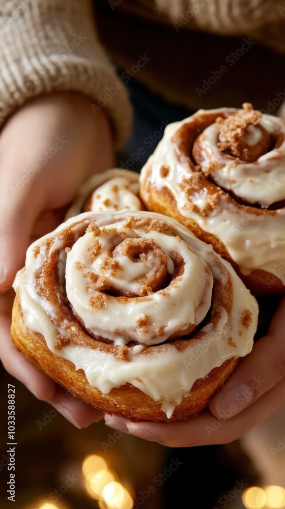 Freshly baked cinnamon rolls with icing for cozy winter mornings Freshly baked cinnamon rolls with icing for cozy winter mornings