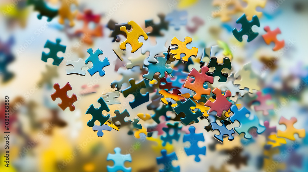 Colorful Jigsaw Puzzle Pieces Floating Against Blurred Background Abstract Vibrant Scatter Colorful Jigsaw Puzzle Pieces Floating Against Blurred Background Abstract Vibrant Scatter