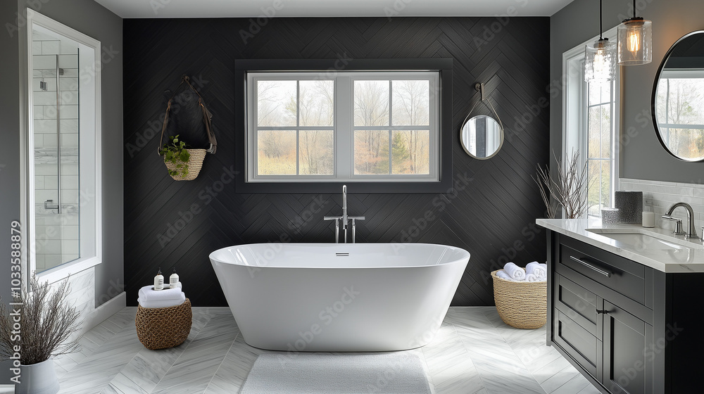 A modern bathroom with gray wall tiles A modern bathroom with gray wall tiles