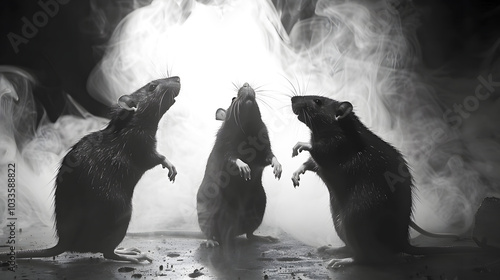 Alack and white silhouettes of rats in the fog and live disinfection destruction of rodents photo