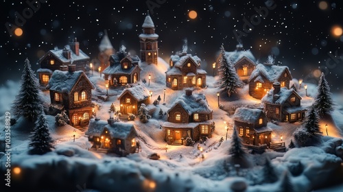 A charming, miniature Christmas village scene with snow-covered houses, twinkling lights, and festive decorations