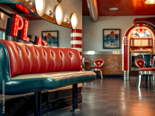 A red and green bench sits in front of a red and white striped pole. The pole is part of a jukebox photo