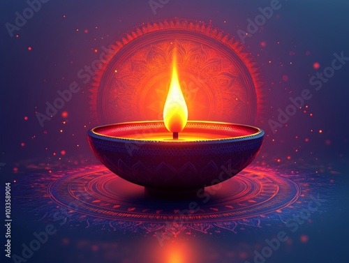 a minimalistic vector illustration of a traditional diwali oil lamp in the center of the image, with a soft gradient backdrop featuring a mandala design. diwali celebration