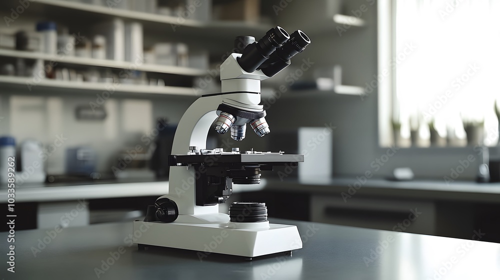 A White Microscope on a Gray Table in a Lab Setting A White Microscope on a Gray Table in a Lab Setting