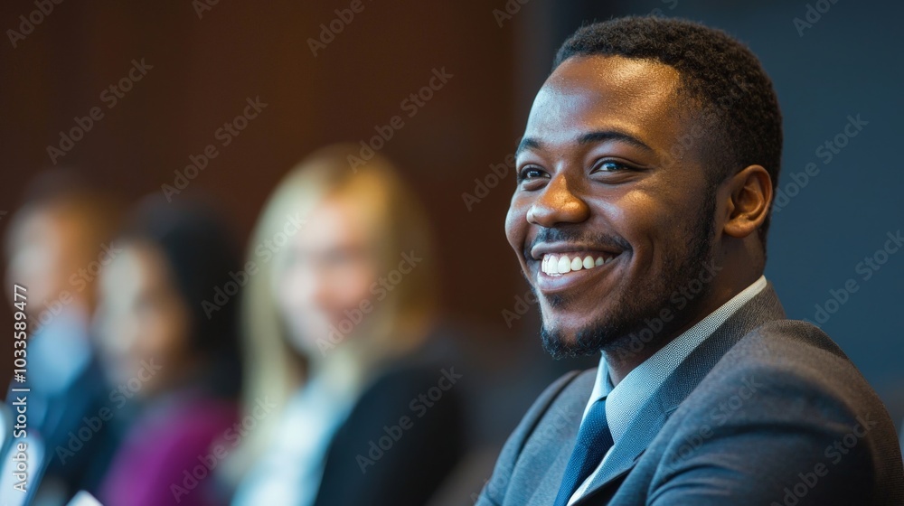 A businessman smiling during a successful presentation A businessman smiling during a successful presentation