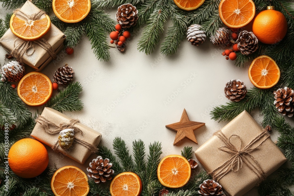 Eco-friendly cutout of fir branches and baubles for a neutral Christmas frame Eco-friendly cutout of fir branches and baubles for a neutral Christmas frame
