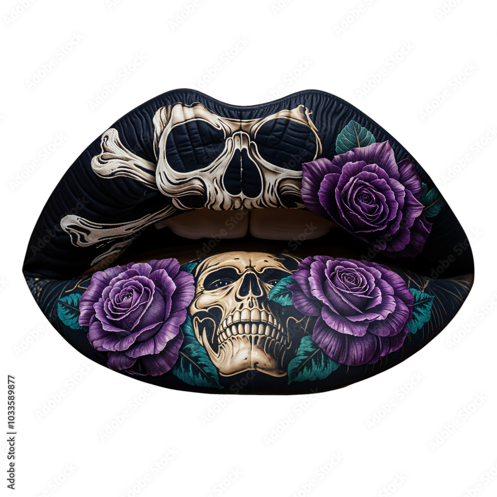 Fototapeta premium Lip makeup, purple roses, skulls