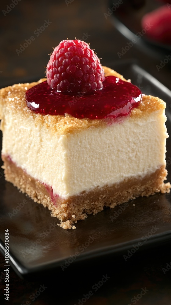 Gourmet cheesecake square with raspberry topping for culinary arts and dessert design Gourmet cheesecake square with raspberry topping for culinary arts and dessert design