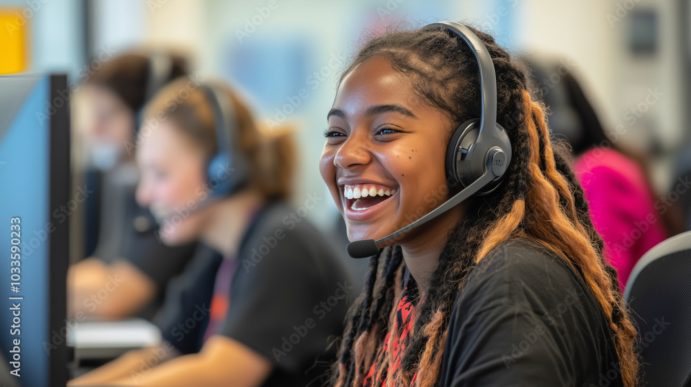 Group of smiling call center staff wearing headsets Group of smiling call center staff wearing headsets