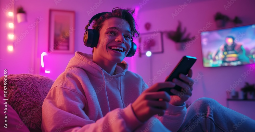 Happy young man with a phone wearing headphones
