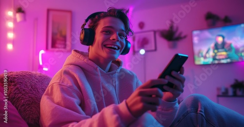 Obraz na płótnie Happy young man with a phone wearing headphones w salonie