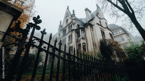 Eerie mist enveloping gothic mansion in autumn for spooky design concepts photo