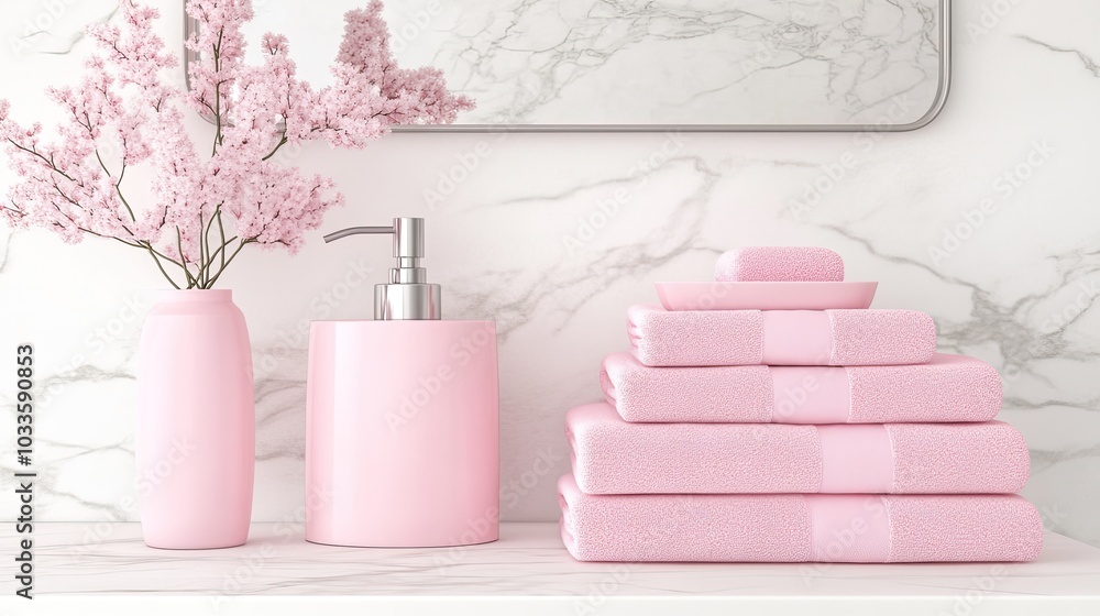 A sleek red soap bottle with a chrome pump sits on a polished white marble countertop alongside fresh white towels, enhancing the elegance of the modern bathroom. A sleek red soap bottle with a chrome pump sits on a polished white marble countertop alongside fresh white towels, enhancing the elegance of the modern bathroom.