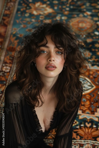 Young woman with curly hair sitting on patterned rug.