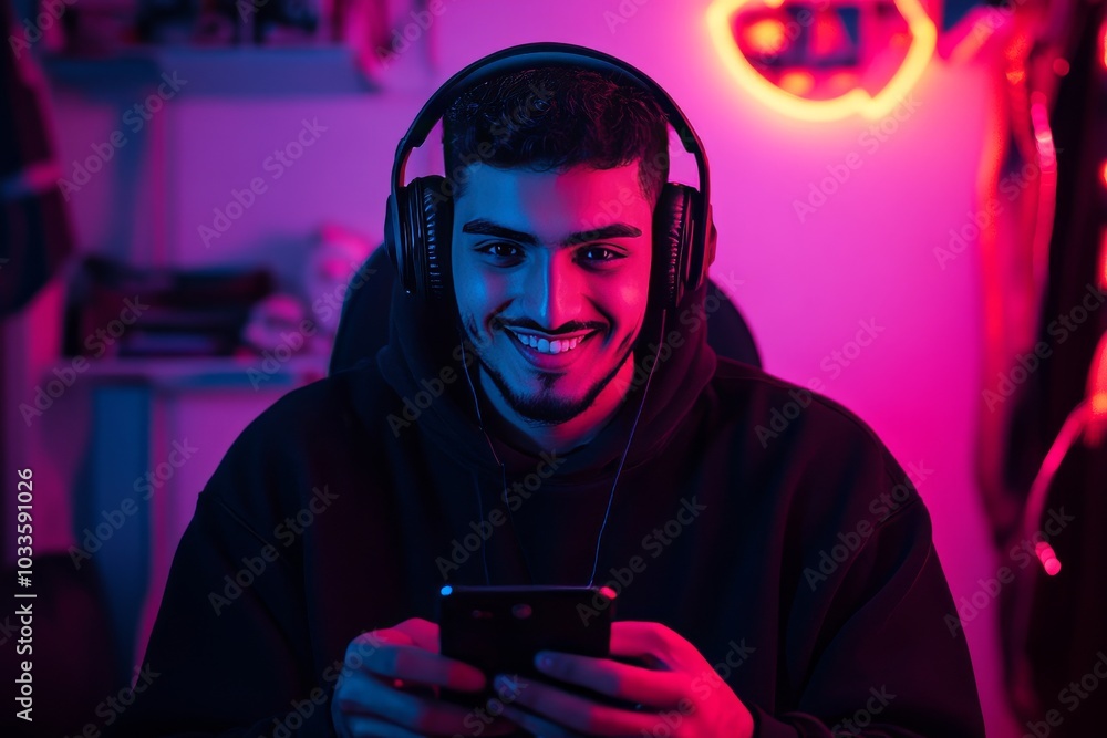 Arab man gaming with smartphone and headset