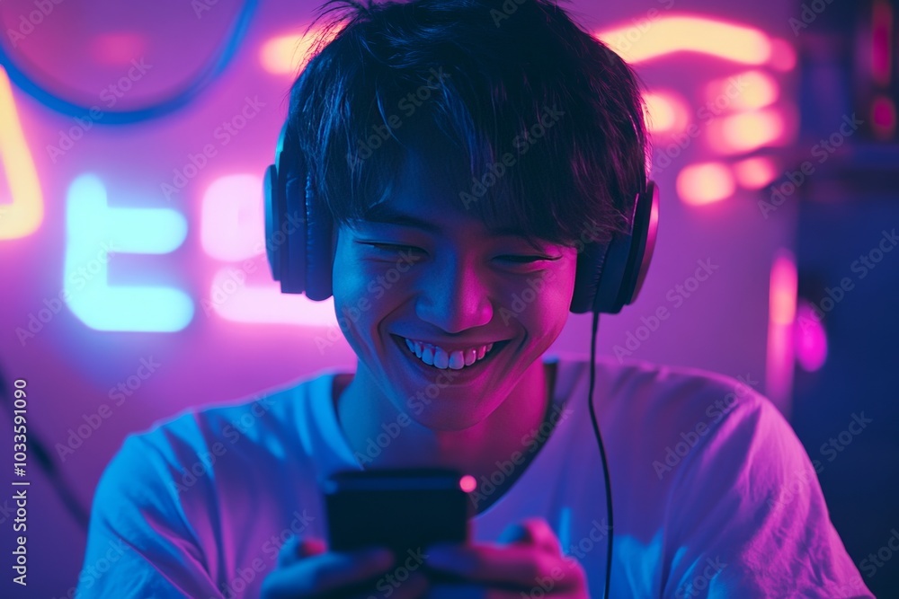 Asian man playing mobile game with headphones