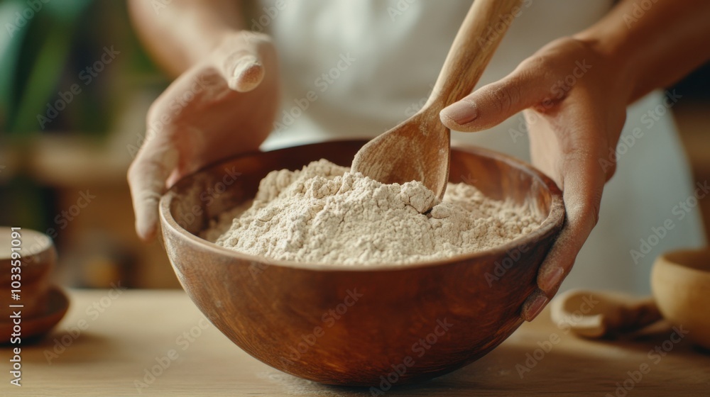Natural diatomaceous earth powder in wooden bowl for sustainable living and home use Natural diatomaceous earth powder in wooden bowl for sustainable living and home use