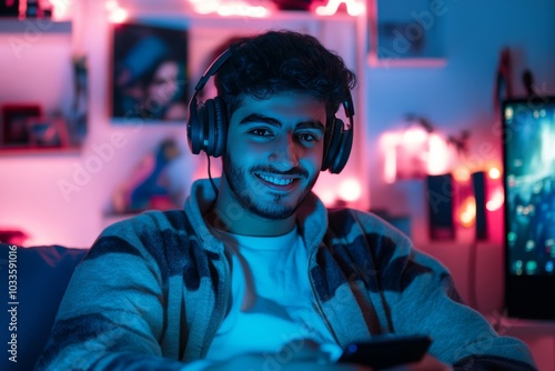 Obraz na płótnie Arab man playing mobile game with headphones w salonie