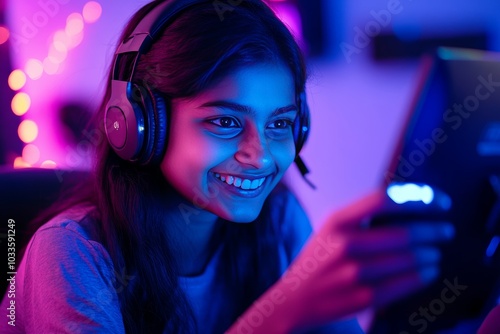 Smiling young Indian girl playing on smartphone with headphones