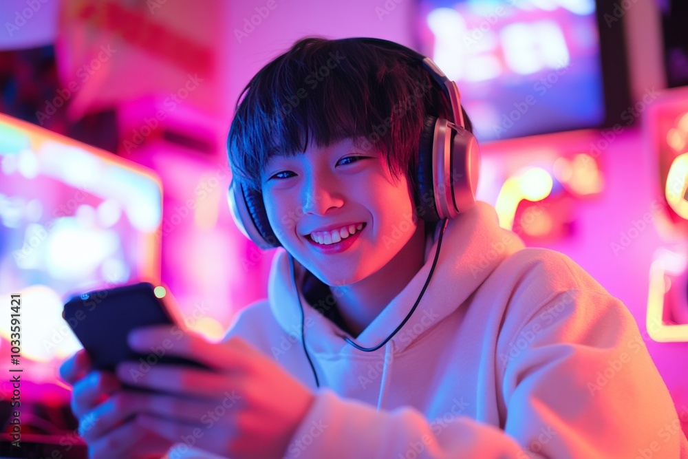 Smiling young Japanese boy gaming on smartphone with headphones