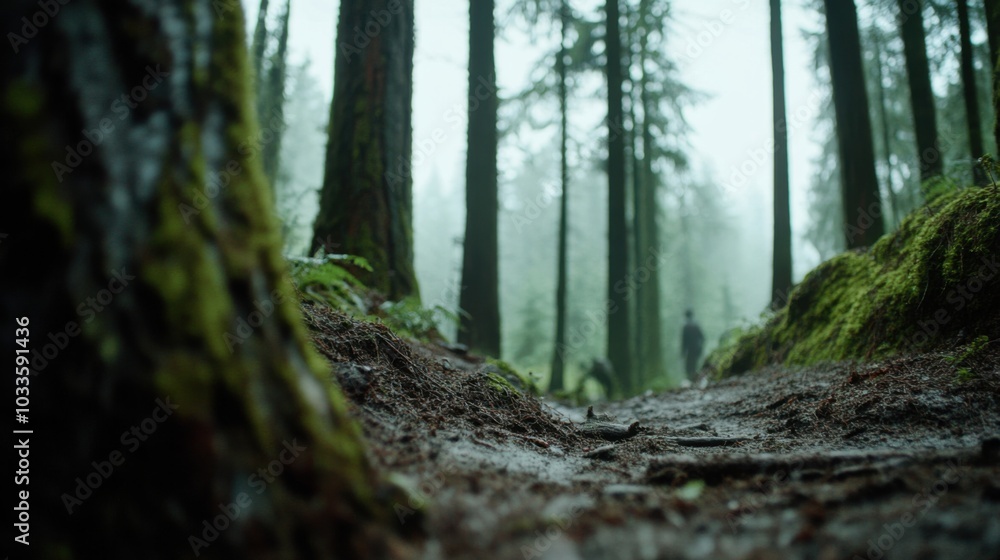 Enigmatic forest path with heavy fog and spooky atmosphere for nature and adventure themes Enigmatic forest path with heavy fog and spooky atmosphere for nature and adventure themes