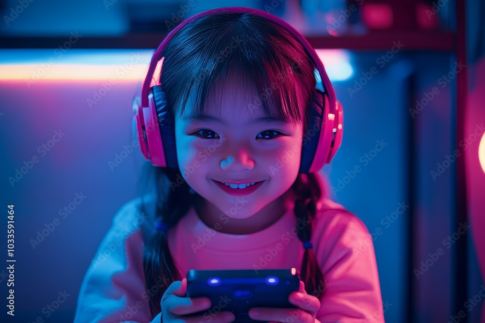 Smiling young Japanese girl wearing headphones playing mobile game