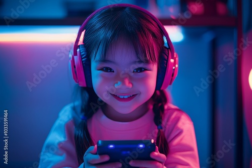 Obraz na płótnie Smiling young Japanese girl wearing headphones playing mobile game w salonie