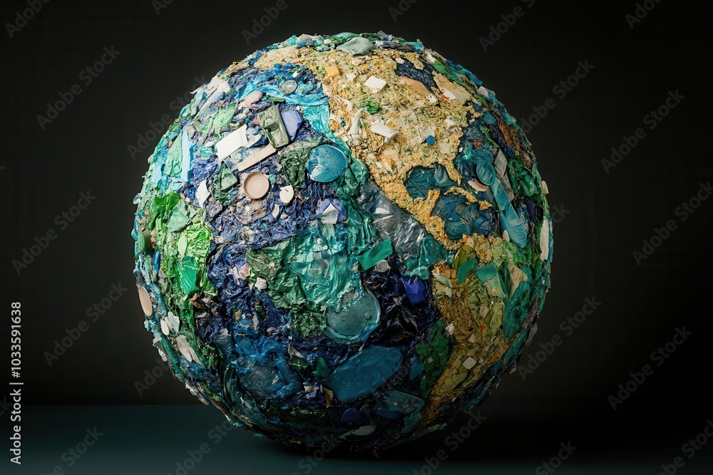 A globe crafted from plastic debris, representing Earth overwhelmed by human waste and pollution, plastic waste Earth, focus on global environmental impact A globe crafted from plastic debris, representing Earth overwhelmed by human waste and pollution, plastic waste Earth, focus on global environmental impact