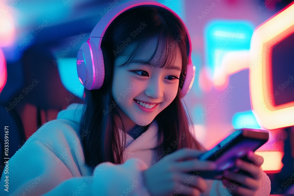 Young Korean girl smiling while playing mobile game with headphones