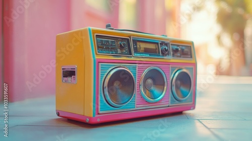 Close-up of a colorful vintage boombox with rainbow accents, placed on a smooth, blurred pastel background, capturing retro music vibes photo