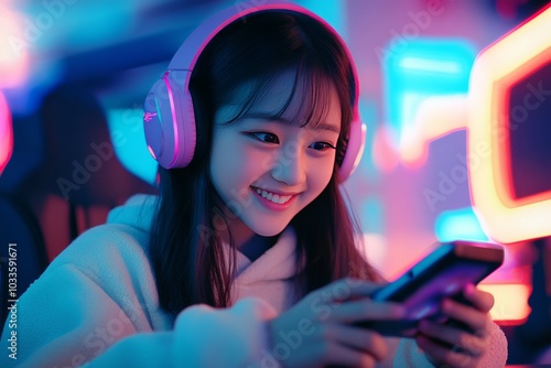 Obraz na płótnie Young Korean girl smiling while playing mobile game with headphones w salonie