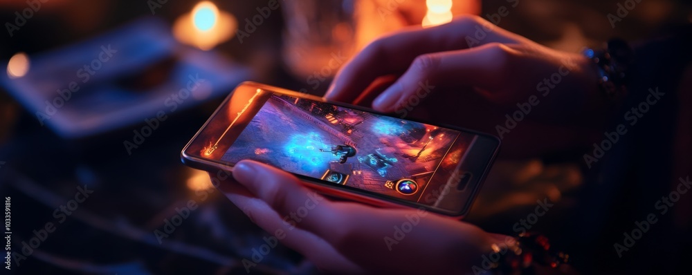 Hands playing action mobile game