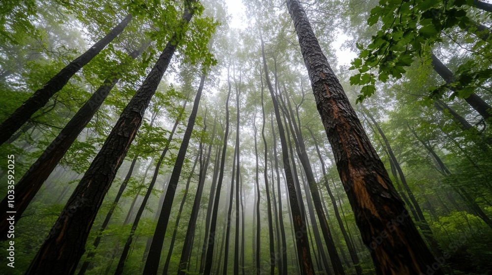 Naklejka premium Mystical forest with towering trees shrouded in mist for nature and outdoor concepts