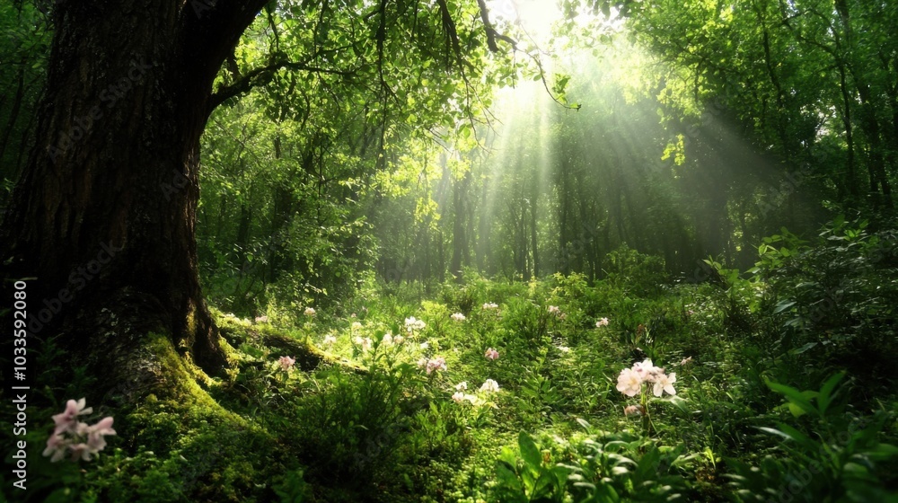 Fototapeta premium Mystic forest in springtime sunlight for nature wallpaper and design