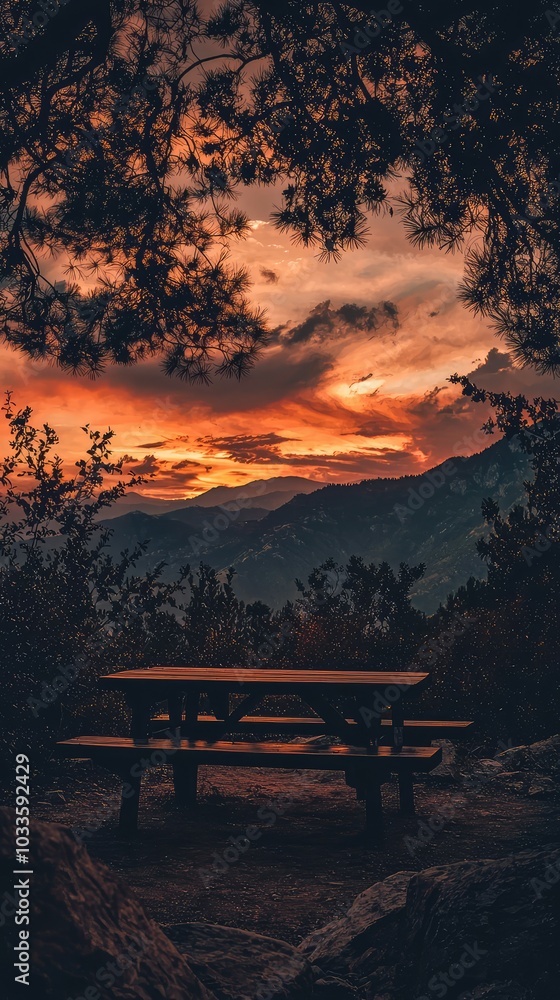 Serene Rustic Outdoor View with Fiery Sunset Serene Rustic Outdoor View with Fiery Sunset
