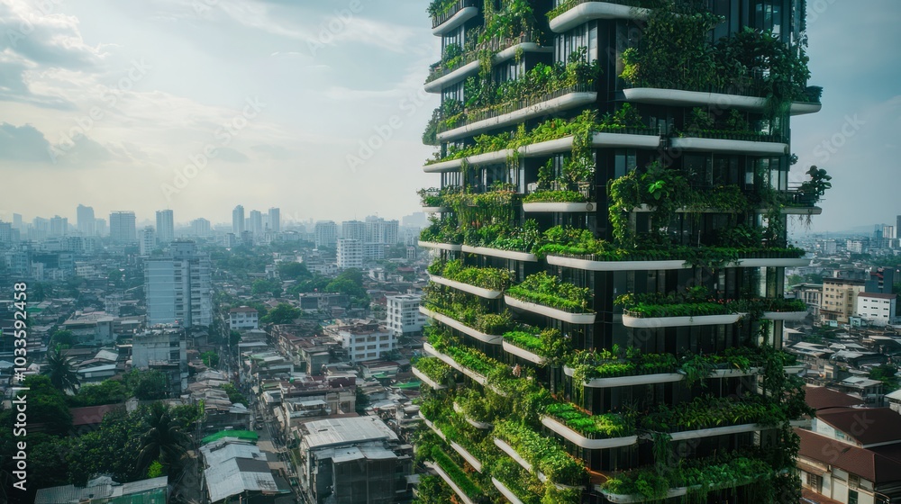 Obraz premium Food security initiatives focus on vertical farming to ensure fresh produce is available year-round in urban areas.