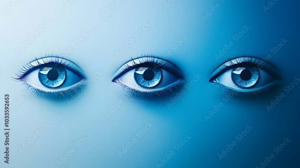 Three Blue Eyes Looking Forward on a Blue Background Three Blue Eyes Looking Forward on a Blue Background