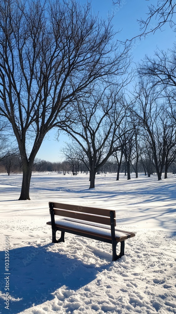 Serene Snow-Covered Bench in Winter Park Serene Snow-Covered Bench in Winter Park