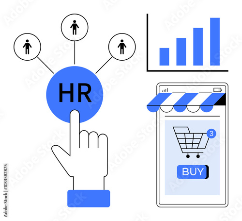 A hand points to an HR button linking to people icons, a bar graph shows growth, and a smartphone displays an online shopping cart. Ideal for HR management, e-commerce, technology, business growth